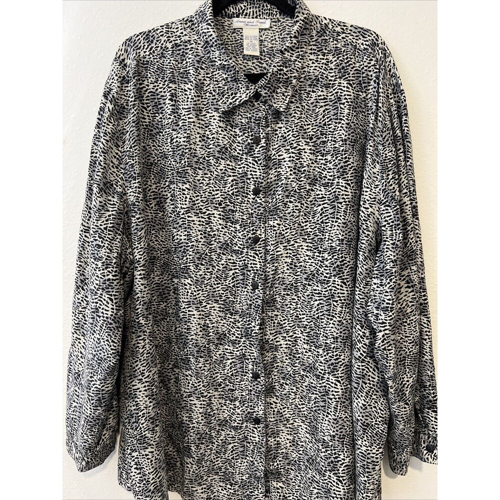 Anna & Frank Womens Silk Blouse 3X Blue‎ Black Animal Print Long Sleeve Top